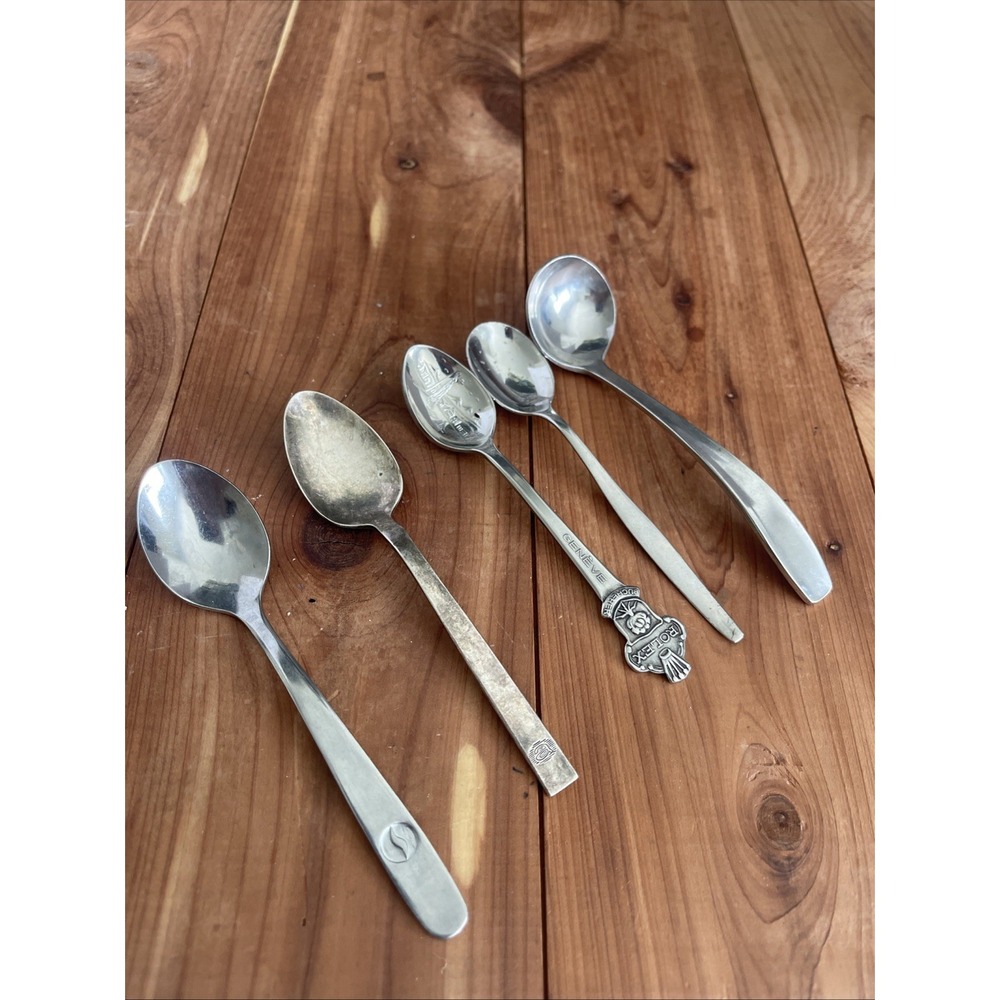 VTG Assorted 5 tiny 4.5" silver-plated Spoons Inox, Rolex Bucherer, KLM, Japan